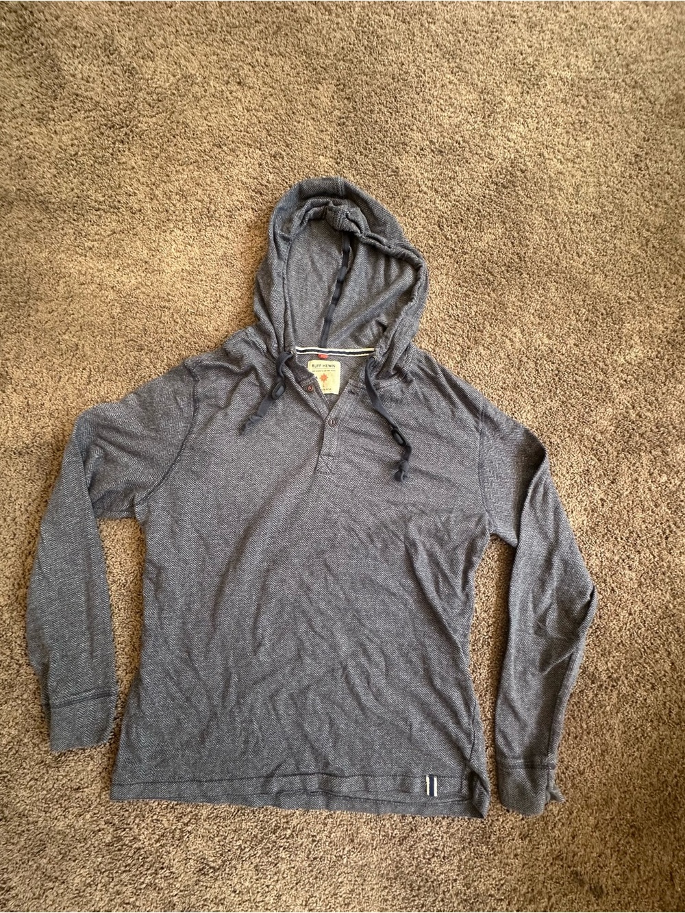 Ruff Hewn Navy Herringbone Hooded Henley with Orange Accents- L
